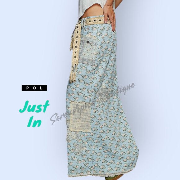 POL Dresses & Skirts - POL 100% Cotton Denim Floral Baby Blue Pastel A Line Patchwork Jean Maxi Skirt